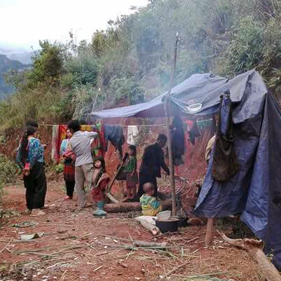 The three families are living under a tarp in the jungle.