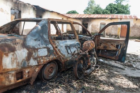 One of many vehicles and buildings destroyed by militant Islamists in Burkina Faso recently