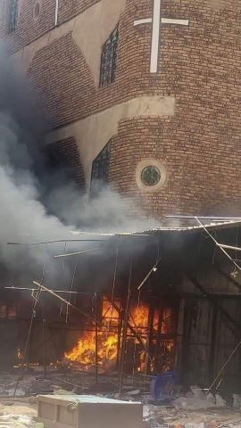 A church in Khartoum set on fire during recent fighting.